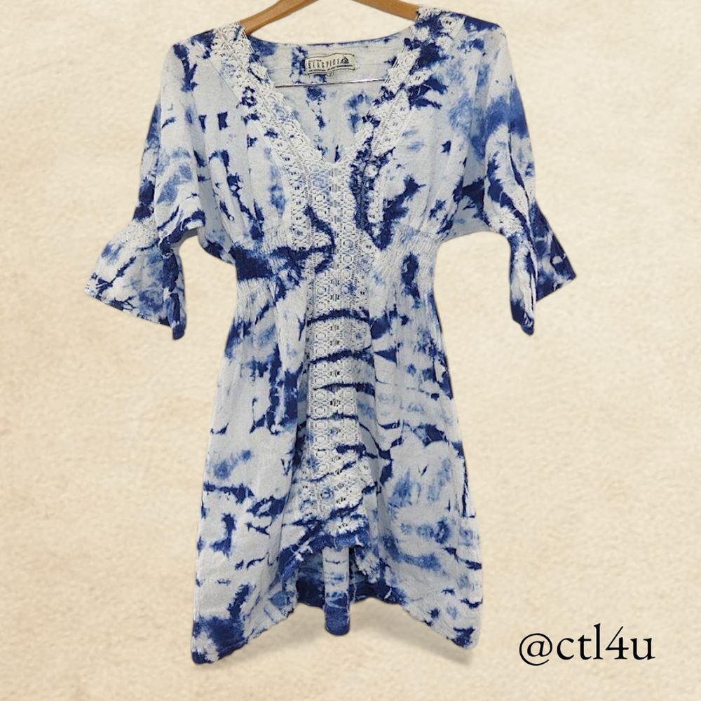 Seaspice Resort Wear Blue Tie Dye Crochet Mini Dress Cover Up Women's Size S